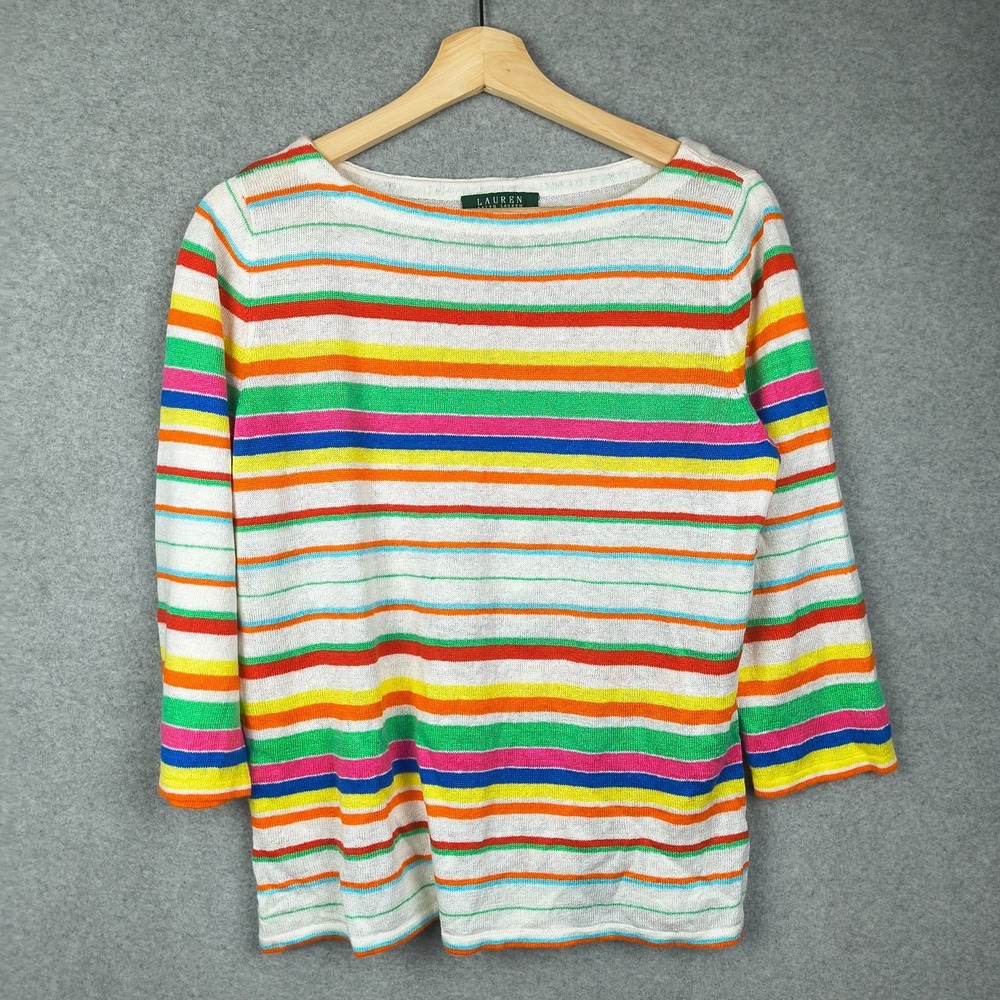 Lauren Ralph Lauren Sweater‎ Womens Large White Stripe Rainbow Colorful Linen